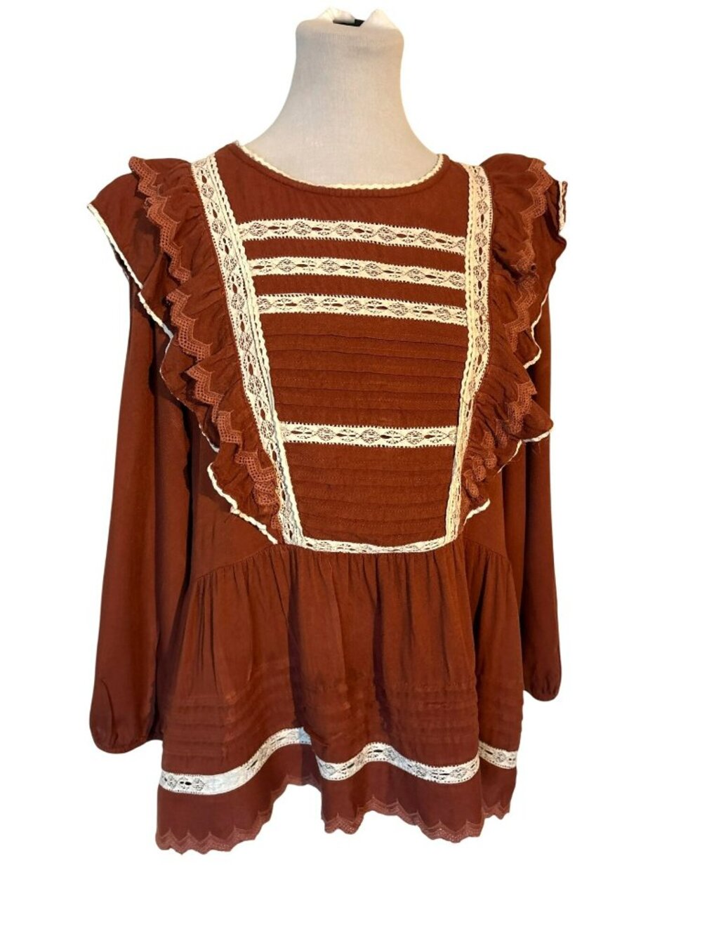 Bohme Soraya Lace & Ruffle Boho Top Rust XL
